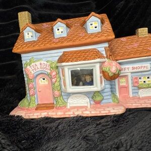 Tea Rose Tearoom Ceramic Cottage Sculpture - Pink & Blue